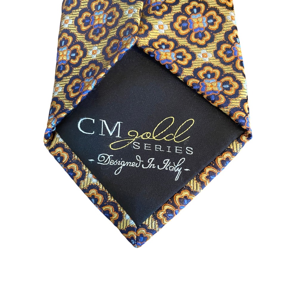CM Gold Series Mens Silk Necktie Italian Design Floral Medallion Gold Blue Tie‎